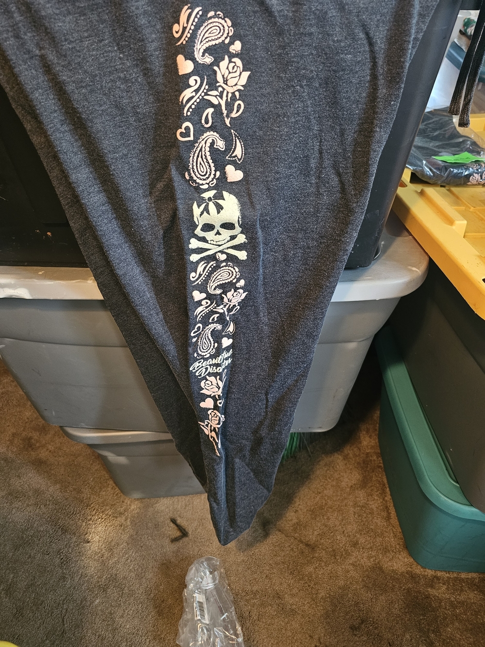Dark Gray Girls Leggings with Pink Skull & Paisley Accent